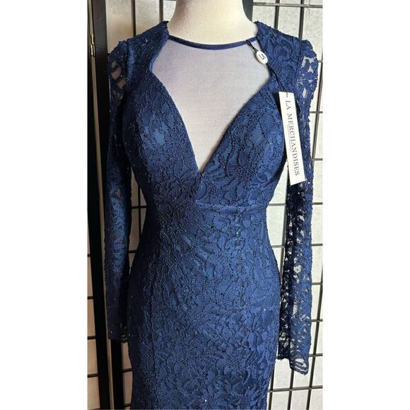 LA Merchandises Navy Sequin Deep V-neck Formal Dress - Picture 4 of 8
